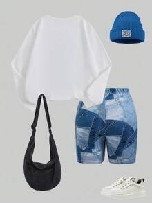 SHEIN 2pcs Women Set, New Design White Crew Neck Sweatshirt With Funny Graphic Print, Panda Graphic Splice, Fitted Short Sleeve Leggings With Digital Print And Splice Pattern, Matching Family Outfit - Multicolor - View 2