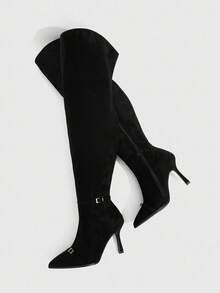 CUCCOO SZL Giày bốt cao đến đầu gối mũi nhọn bằng da lộn giả mềm mại có khóa kéo bên hông dành cho nữ - màu đen - Xem 5