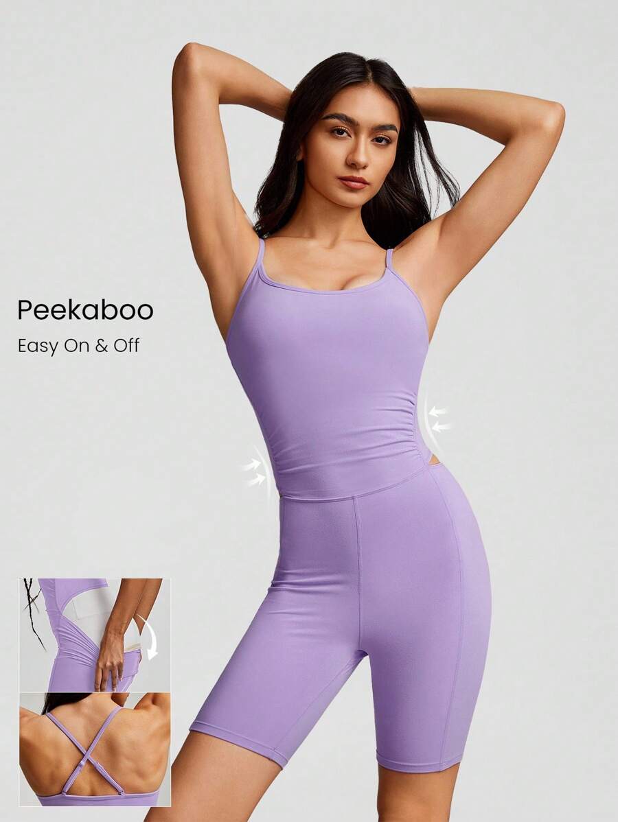 GLOWMODE 6" FeatherFit™ Peekaboo Pleated Adjustable Romper Bodysuit With Built-In Underwear Light Support Low Impact Yoga Pilates Studio Summer - Mauve Purple - View 1