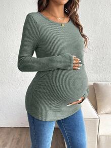 SHEIN Maternity Solid Color Round Neck Long Sleeve Ribbed Nursing Top Pregnancy Top - Green - View 6