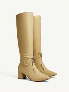 CUCCOO CHICEST Damskie botki do kostki ze szpiczastym noskiem i grubym obcasem, z kokardką, eleganckie i urocze, odpowiednie na dojazdy do pracy, randki, Święto Dziękczynienia, Boże Narodzenie, Halloween, uniwersalne, ze sztucznej skóry, w kolorze rudym - Morela - Zobacz 2