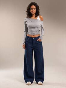 SHEIN Forever 21 Quần Jeans Denim Ống Thẳng Cạp Thấp Họa Tiết Sọc Jacquard Độc Đáo Thường Ngày Đa Năng Màu Tối Màu Thu/Đông - Rửa tối - Xem 4