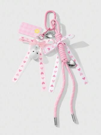 Kawaii 1 pieza Elegante, elegante y versátil lazo de cinta tejida rosa con árbol de corazón de resina CCB, búho con felpa, etiqueta acrílica LOVE con cordón trenzado, adecuado como llavero, dije de bolso, decoración de teléfono, regalo para mujeres y niñas