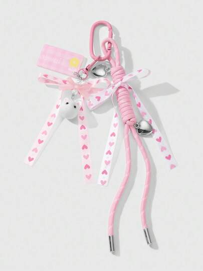 Kawaii 1pc Delicate, Chic & Versatile Pink Woven Ribbon CCB Heart Tree Resin Bow, Flocked Owl, LOVE Acrylic Tag With Braided Cord, Suitable As Keychain, Bag Charm, Phone Decor, Gift For Women & Girls