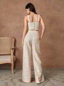 Savoree Apricot Elegant Romantic Date Night Two-Tone Tie Dye Lace Textured Off-The-Shoulder Corset Top And High-Waisted Straight Leg Pants Suit - Yellow - View 2
