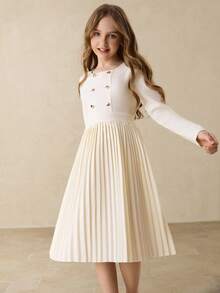 女童优雅简约时尚圆领常规肩长袖高腰中长纯色褶皱连衣裙，适合返校季、四季穿着，柔软褶皱设计，也适合圣诞节、万圣节和秋冬季节。 - 杏色 - 查看 1