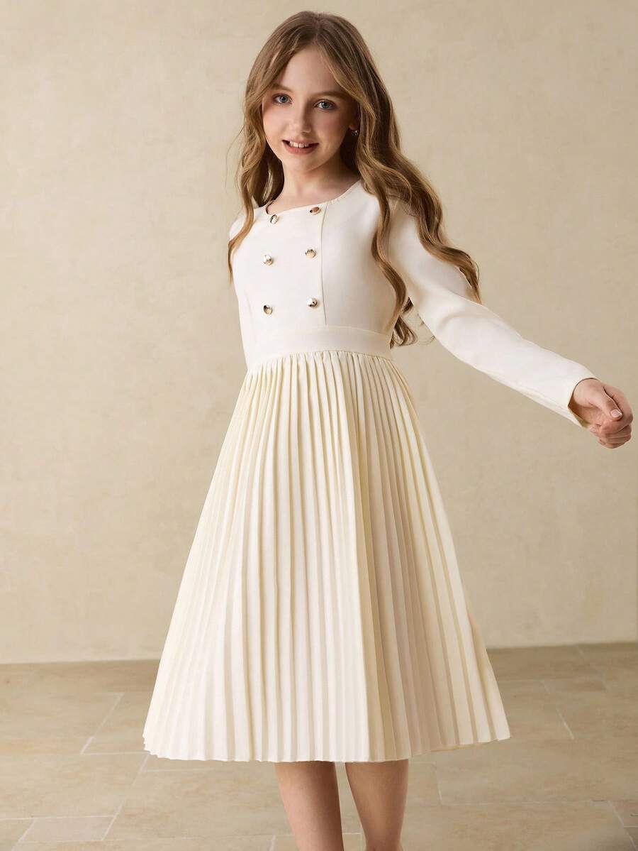 女童优雅简约时尚圆领常规肩长袖高腰中长纯色褶皱连衣裙，适合返校季、四季穿着，柔软褶皱设计，也适合圣诞节、万圣节和秋冬季节。 - 杏色 - 查看 1