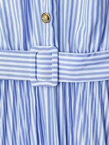 Franclia 通勤简约条纹长袖系带拼布褶皱连衣裙 - 藍色 - 查看 4