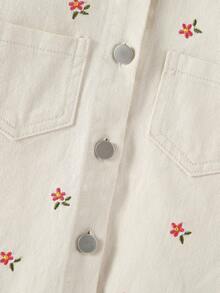 SHEIN Back-To-School Young Girls Vintage Washed Denim Jacket With Floral Embroidery,Soft Fabric Casual Fashionable Coats For Spring,Autumn Fall & Winter - Apricot - View 4