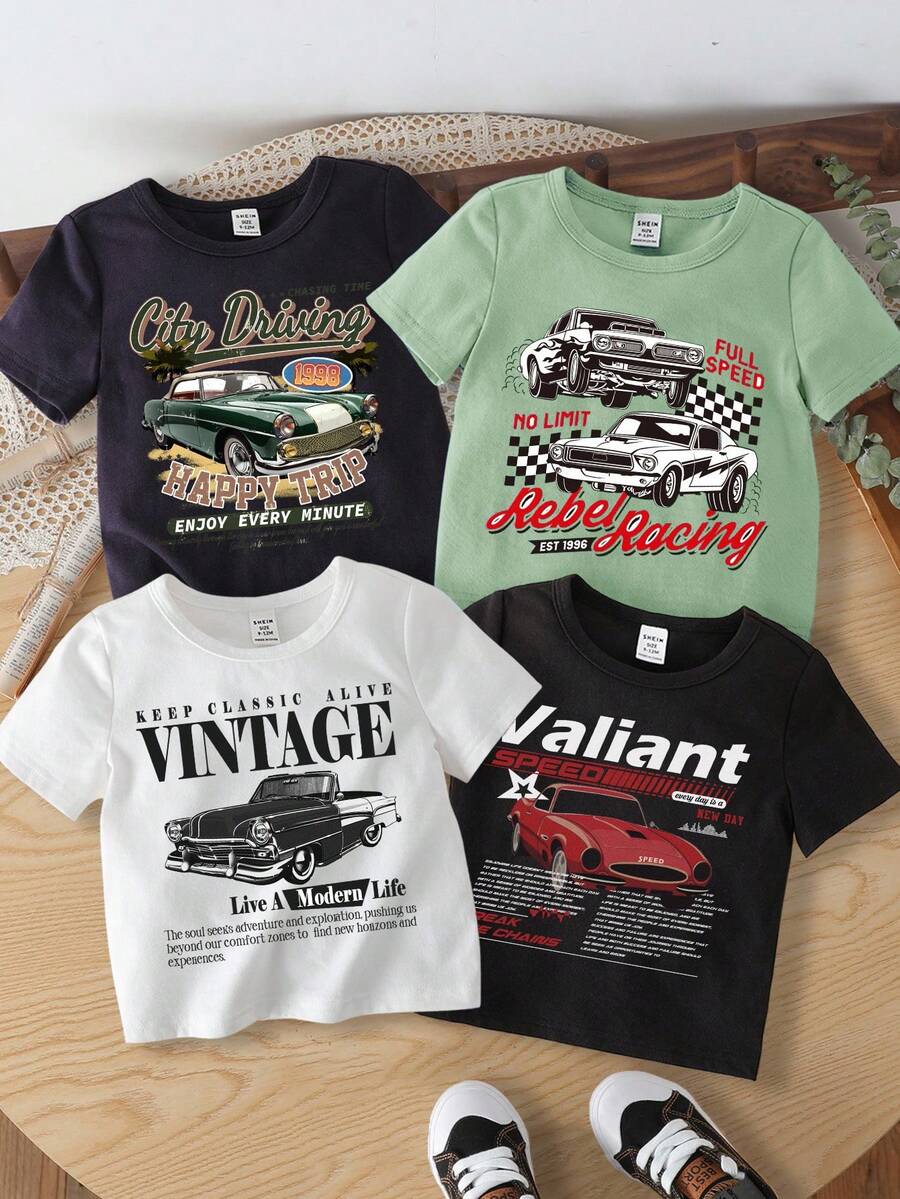 4件装赛车印花休闲圆领短袖上衣，适合男婴夏季穿着，款式包括：男婴图案T恤、男婴汽车T恤、男婴复古汽车T恤、男婴赛车T恤、男婴汽车服装。