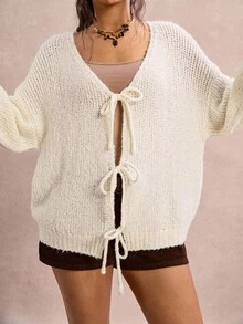 Freevana Plus Size Casual Solid Color Lace-Up Cardigan Cardigan Sweaters For Women Women's Winter Sweater Contains Wool - Beige - View 3