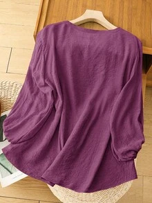 SHEIN LUNE 大码女式V领灯笼袖纽扣前开襟衬衫 - 紫羅蘭色 - 查看 2