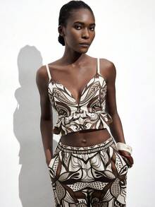 Maija 可调节肩带印花荷叶边下摆弹力后背吊带背心，休闲都市商务风，适合音乐节、万圣节、圣诞派对、波西米亚度假风、假期等场合，女士吊带背心 - 咖啡棕 - 查看 7