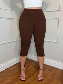 SHEIN SXY Leggings capri de mujer de unicolor con cintura elástica y dobladillo dividido informal - Marrón - Ver 6
