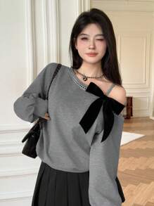 Modelyn Áo nỉ ngắn tay dáng rộng, thắt nơ chéo vai phong cách Hàn Quốc thu/đông - Màu xám đen - Xem 5