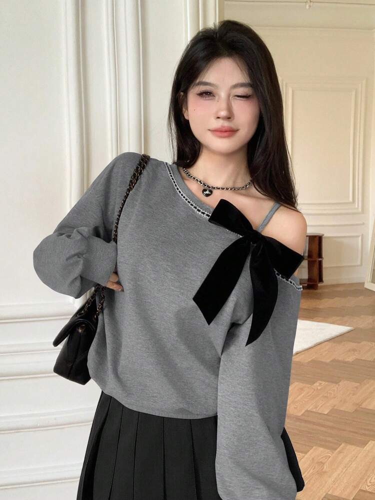 Modelyn 秋冬斜肩蝴蝶结宽松韩版休闲短款卫衣 - 深灰色 - 查看 4