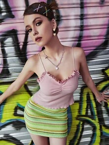 Ruched Bust Lettuce Trim Cami Top - Baby Pink - View 5