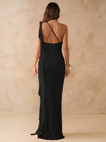 SHEIN BAE 优雅不对称褶皱露背连衣裙，网眼荷叶边下摆，女士度假沙滩裙，春夏 - 黑色 - 查看 2