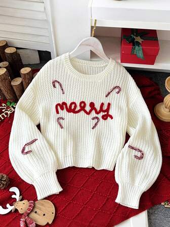 1pc Girls' Christmas Merry Letter Embroidery Dropped Shoulder Crew Neck Pullover Sweater, Versatile Thick Knit Casual Wear For Autumn/Winter, Christmas Sweater Cropped Sweater Sweater For Teen Girls Tween Girl Christmas Sweater Holiday Sweater Teen Girl Christmas Sweater Fall