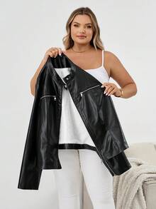 SHEIN CURVE+ 大码女式长袖 PU 皮革修身拉链夹克，带保暖衬里，大码女装 8xl 女装大码 8xl 皮夹克女式大码皮夹克冬季秋季秋冬 - 黑色 - 查看 4