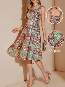 Amorya 女士新款优雅高端串珠方领收腰 A 字裙，适合派对和多种场合 - 彩色 - 查看 1