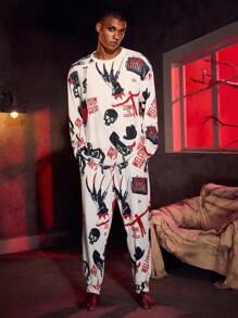 A Nightmare on Elm Street X SHEIN Men's Autumn Skeleton & Letter Print Long Sleeve Top And Pants Loungewear Set - Multicolor - View 1