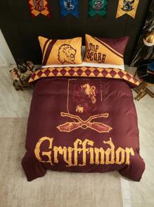 HARRY POTTER X SHEIN Gryffindor Letter & Animal Print Duvet Cover Set,Gifts - Multicolor - View 2