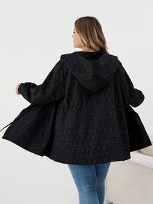 SHEIN CURVE+ Women's Plus Size Front Zipper Long Sleeve Hooded Jacquard Windbreaker Jacket, Casual Everyday Wear, Autumn Winter Fall/Autumn /Winter - Black - View 2