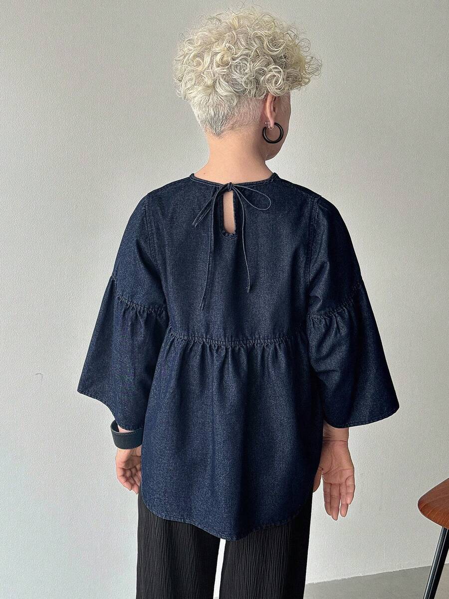 女士时尚休闲落肩牛仔衬衫 - 藍色 - 查看 1
