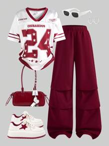 SHEIN Explorewe Teenager Mädchen Outfit mit Zahlen-Muster V-Ausschnitt Kurzarm T-Shirt und Hose, Lässig