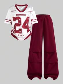 SHEIN Explorewe Teenager Mädchen Outfit mit Zahlen-Muster V-Ausschnitt Kurzarm T-Shirt und Hose, Lässig