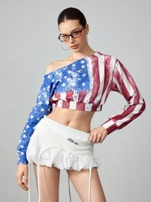 ROMWE Avant Women's Y2K Retro Sports Style Jersey Girl American Flag Print Cropped Oblique Shoulder Sweatshirt - Multicolor - View 6