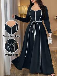 Auvina 女式优雅黑白深 V 领高低腰系带修身长袖超长连衣裙，加大码，春秋季 - 黑色 - 查看 1