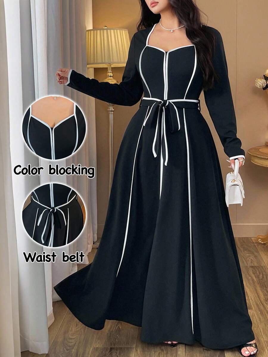 Auvina 女式优雅黑白深 V 领高低腰系带修身长袖超长连衣裙，加大码，春秋季 - 黑色 - 查看 1
