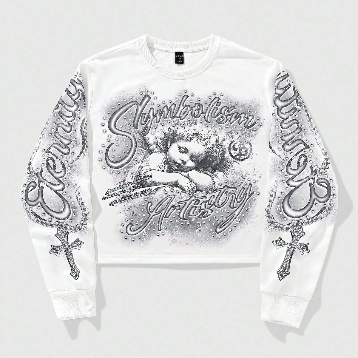 Sudadera de cuello redondo de manga larga blanca con estampado de letras y cruces para hombre