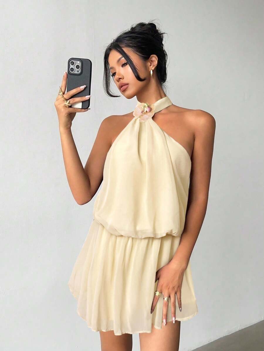 Aloruh Váy ngắn hở lưng họa tiết hoa 3D thanh lịch dành cho nữ, mùa hè - Màu be - Xem 1