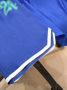 SHEIN Teen Boy Patchwork Sports Letter Contrast Color Short Sleeve T-Shirt And Shorts Set,Baby Blue,Summer,Streetwear Casual School Style,Comfortable Soft - Royal Blue - View 5