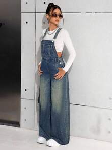 SHEIN 少女宽松蓝色带口袋牛仔背带裤 - 深色水洗藍 - 查看 4