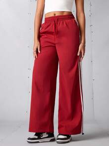 SHEIN Sports Women's Casual Drawstring Waist Contrast Striped Side Loose Wide Leg Sports Pants,Red Track Activewear Workout Pants - Red - View 6