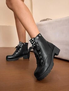 Daringsoles Women's Fashion Short Boots, Side Zipper, Chunky Heel, Metal Buckle Strap, Lace-Up Boots - Black - View 3