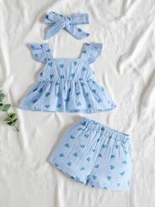 SHEIN Vintaside Kids 女寶寶心形印花荷葉邊妞妞衫和短褲 - 藍色 - 查看 6