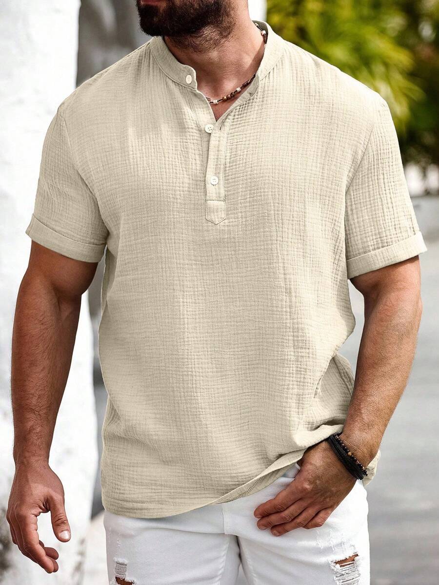 Manfinity Homme Camisa informal de algodón y lino para hombre Manfinity Nomadique con cuello Hengli para el verano - Albaricoque - Ver 1