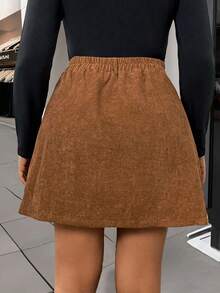 Calvaya Plus Size A-Line Skirt With Zip Pockets, Corduroy - Brown - View 2