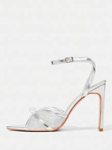 CUCCOO HITCHD Silver Metal PU Mesh Splice Faux Pearl Decor Strap Pointed Toe Elegant High Heel Party Sandals Elegant Shoes Wedding Shoes - Silver - View 9