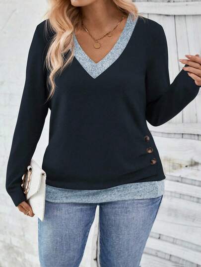 EMERY ROSE New Fashion Casual Button Decor Long Sleeve T-Shirt For Plus Size Women Fall Cloth For Women