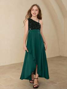Elegantes Blumenkleid für Tween Mädchen für Abschluss, Hochzeit, Ball, tiefgrünes Satinkleid mit Pailletten, einschultrig, ärmellos, Midi-Länge für Halloween, Weihnachten, Party, Mädchen Asymmetrischer Saum, aufgeblähter Rock Prinzessinnenkleid für Schulanfang - Dunkelgrün - Übersicht 6