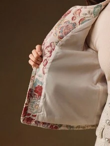 Anewsta Elegant Romantic Open Front Jacket, Woolen Fabric With Floral Embroidery, Pearl Decor, Braided Trim Design, Long Sleeve, For Women, Autumn/Winter