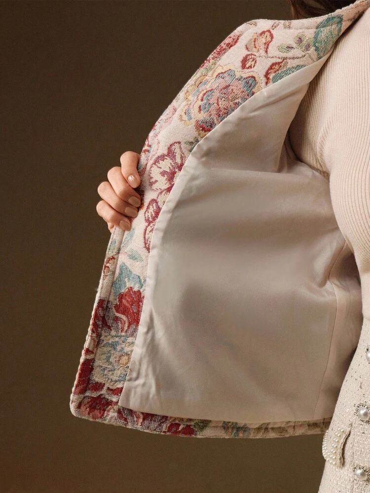 Elegant Romantic Open Front Jacket, Woolen Fabric With Floral Embroidery, Pearl Decor, Braided Trim Design, Long Sleeve, For Women, Autumn/Winter