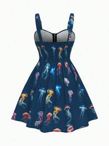 Sweetra 大码女式深色水母印花腰带连衣裙 - 彩色 - 查看 2