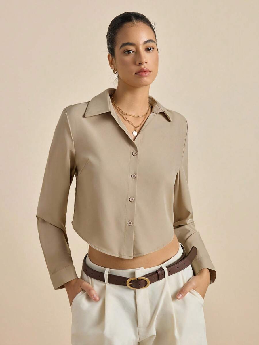 Airaco Áo sơ mi dài tay đơn sắc cài nút phía trước cho nữ, Áo dài tay - Màu Khaki - Xem 1